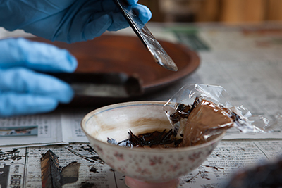 Minako Fujii using the mixture of lacquer she has made to apply to the dish.