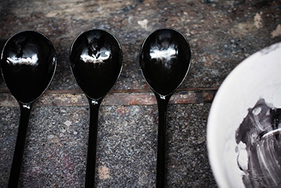A black lacquer spoon, the shine will slowly dull and become a lovely matte shade of black.