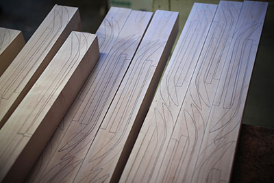 The finished templates drawn out of the wood, these will be cut out.