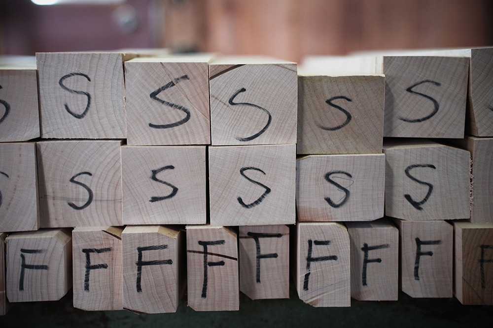 Hiroyuki Sugawara has marked out the different sections of wood with 