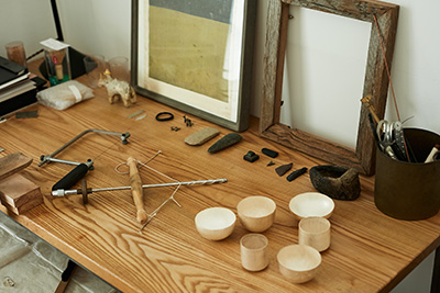 Tools and objects inside the studio of Japanese metalworker Naho Kamada.