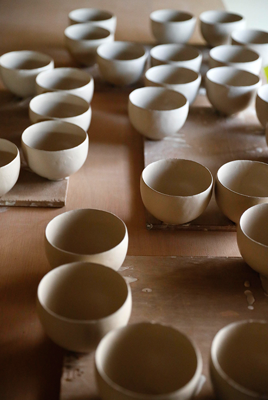 Makoto Asebi's coffee cups waiting to be fired at his studio in Kamakura, Japan.